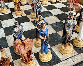 Greek Mythology Chess Set, Trojan War Hand Painted Pieces, Luxury Leatherette Board with Storage