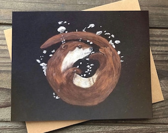 Otter Art Card, Blank Greeting Card, Notecard with Kraft Envelope, Wildlife Art, River Otter, Nature Lovers Gift