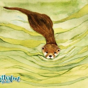 Friendly Otter Art Print, Cute Otter Art Print, Swimming Otter Art Print, Giclee Watercolor Print