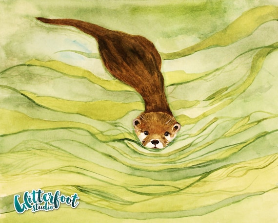 Friendly Otter Art Print, Cute Otter Art Print, Swimming Otter Art Print, Giclee Watercolor Print