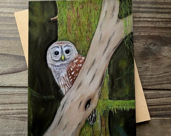 Barred Owl Art Card, Blank Greeting Card, Notecard with Kraft Envelope, Wildlife Art, Bird Art, Owl Lover Gift