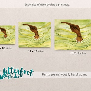 May include: Watercolor print of an otter swimming in green water. The image is available in three sizes: 8 x 10 inches, 11 x 14 inches, and 13 x 19 inches. The prints are hand signed by the artist.