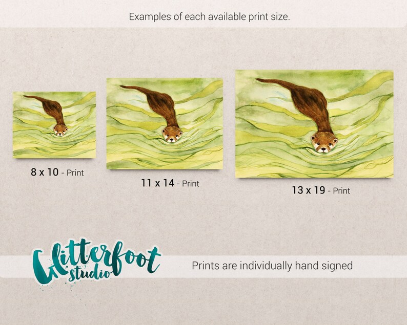 May include: Watercolor print of an otter swimming in green water. The image is available in three sizes: 8 x 10 inches, 11 x 14 inches, and 13 x 19 inches. The prints are hand signed by the artist.