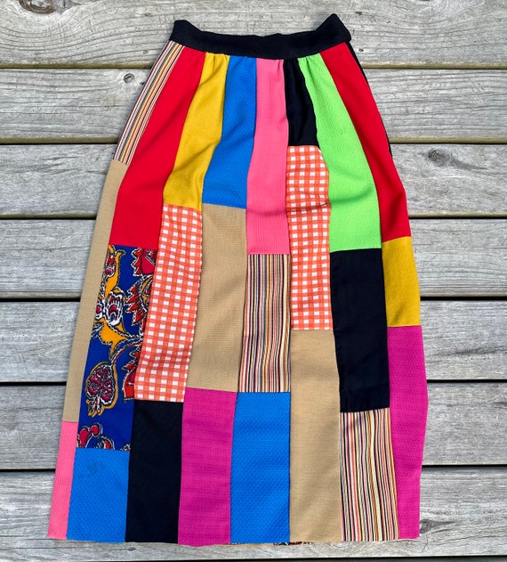 Vtg Colorful Patchwork Polyester Skirt - image 1