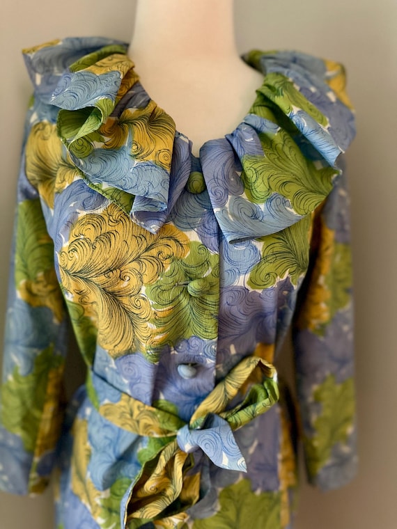 Vtg Ruffle Collar Feather Print Dress View 3