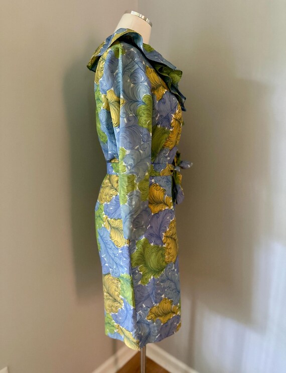 Vtg Ruffle Collar Feather Print Dress View 4