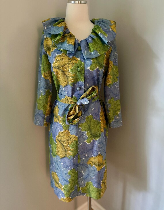 Vtg Ruffle Collar Feather Print Dress View 2