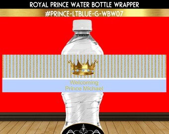 Royal Prince Baby Shower Water Bottle Wrapper, Prince Theme Baby Shower, Water Bottle Wrapper, Royal Prince, Royal Theme, Blue and Gold,