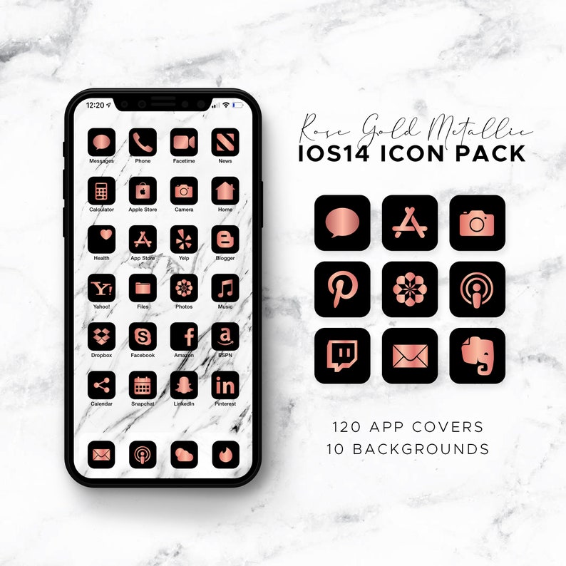 Rose Gold Metallic on Black Ios14 Icon Theme Pack Ios14 Icons Etsy