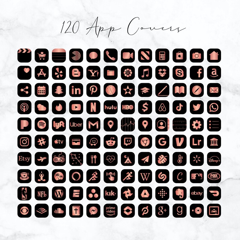 Rose Gold Metallic on Black Ios14 Icon Theme Pack Ios14 Icons Etsy
