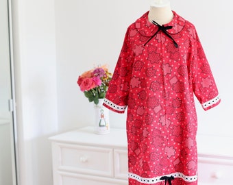 1960's Leisure Lady Red White Lace Black Velvet Bow Corduroy Dress Peter Pan Collar
