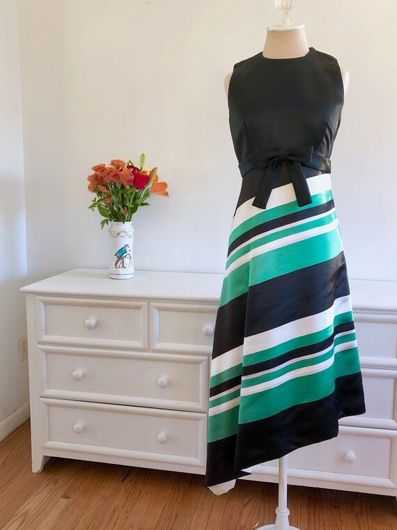 Gorgeous Vintage 1960's Jon Mandl for Tam II Satin Green White Black Striped Asymmetrical Dress