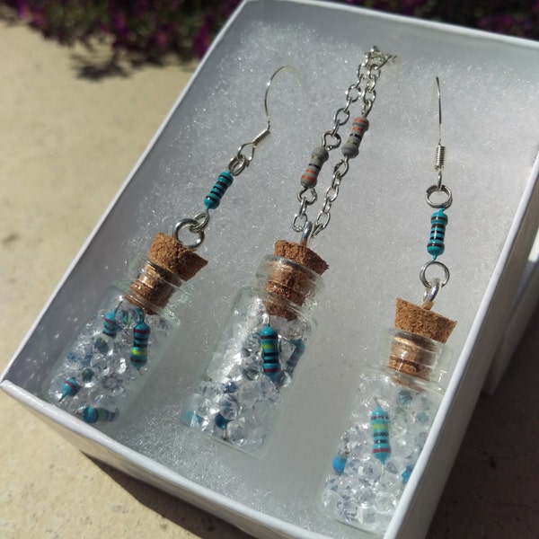 Bottled Resistor and Jewel Earrings/Necklace Set, Upcycled/Recycled Wearable Tech, Nerdy Gift for Engineer