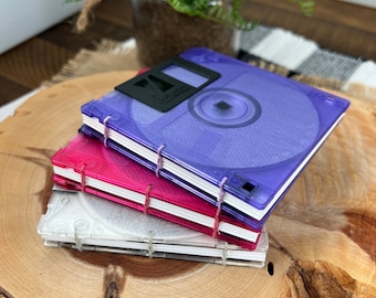 Quaderno floppy disk: diario copto da 3,5 pollici rilegato a mano con copertine trasparenti / diario tecnologico retrò riciclato