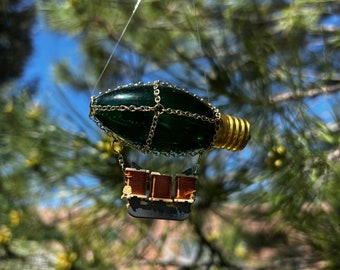 Steampunk Hot Air Balloon Lightbulb Ornament, Recycled Tech Dirigible, Gift for Engineer, Upcycled/Recycled