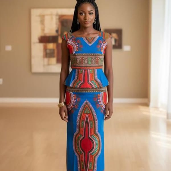 African Print 2 Piece Set – Ankara Wax Cotton Outfit – Subtle Peplum Top & Straight Maxi Skirt