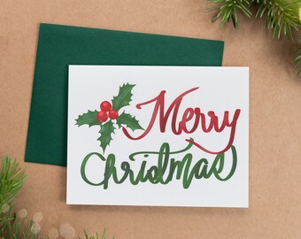 Merry Christmas Kalligraphie Karte blanko innen personalisiert kunstvolles Stechpalme handgemacht