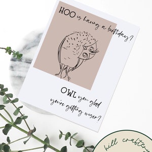 Carte drôle d’anniversaire de hibou | HOO a une fête d'| jeu de | blanc à l’intérieur | fait main