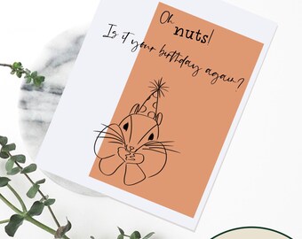 Funny birthday card for her, for him, for friend, chipmunk card, squirrel card, nuts, punny, blank inside, happy birthday, line illustration