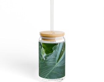Tropical Green Leaves , Sipper Glass, 16oz