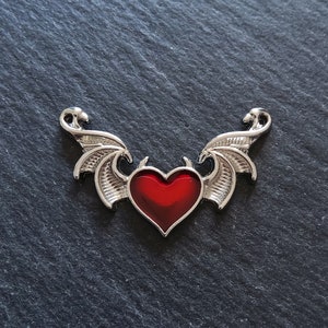 4 or 20 Devil Wing Heart Connector Pendants Silver Tone Alloy with Red Enamel Heart 40x25mm
