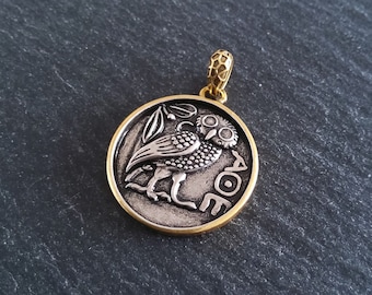 Owl of Athena Coin Pendant Antique Silver & Gold 26x22.5mm