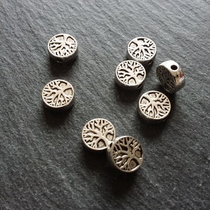10 or 50 Tree Beads 9mm Antique Silver Tone Flat Round Coin Shaped 9x9x3.3mm