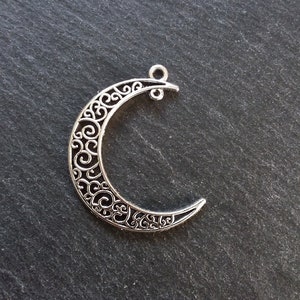 6 or 30 Crescent Moon Connector Pendants Pierced Design Antique Silver Tone 41x36mm