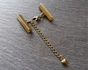 5 Antique Bronze Ribbon Crimps End Sets for 6mm, 8mm, 10mm, 13mm, 16mm, 20mm, 22mm, 25mm, 30 or 35mm Wide Ribbon with HEART Extension Chain