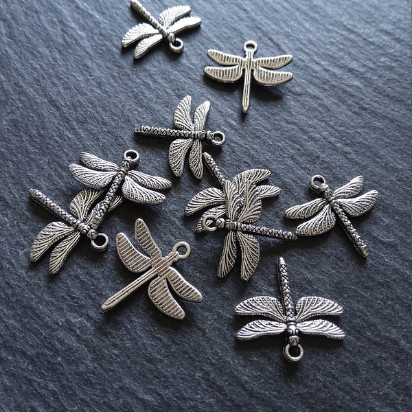 10 or 50 Dragonfly Charms Antique Silver Tone 18x18mm