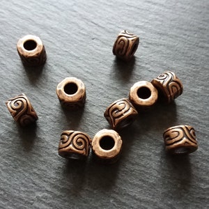 6 or 30 Antique Copper Tone Beads Scroll Design Cylinder Spacer 11x7mm Large 5mm Hole Nickel FREE