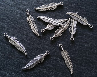 10 or 50 Antique Silver Tone Feather Charms 27x7mm