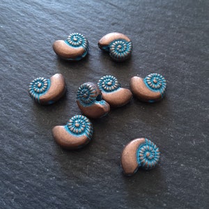 10 or 50 Sea Shell Snail Ammonite Beads 8mm Antique Copper with Blue Patina 11x8x4mm