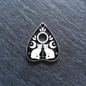 2 or 10 Silver Tone Ouija Cat Planchette Charms with Black & White Enamel 26x22mm