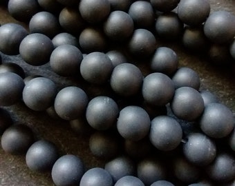 Perles rondes non colorées en agate noire naturelle givrée, 8 mm, brin complet de 15,7 pouces