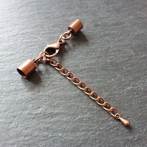 5 or 25 Antique Copper Tone End Cap Sets for 5mm Cord Necklaces & Bracelets with Extender Chain (5.5mm end caps)