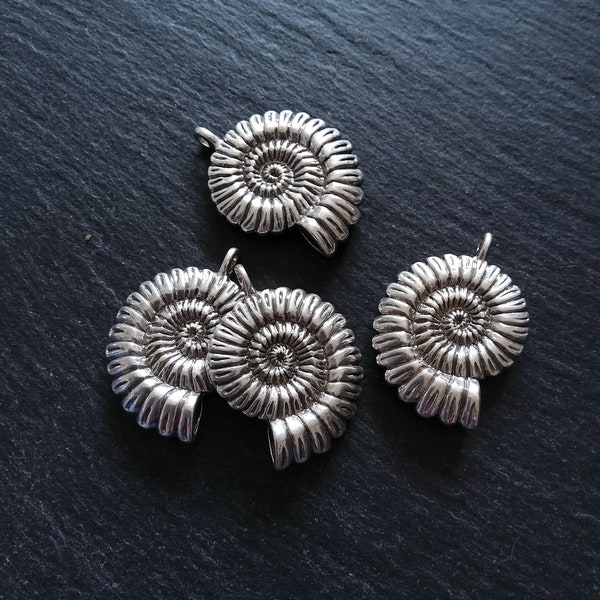 1 or 5 Sterling Silver Plated Ammonite Fossil Shell Pendants Silver Plated 37x27x7mm Lead & Nickel FREE