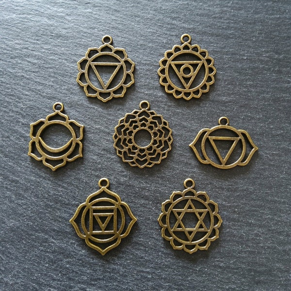 1 Full Set of The Seven Chakras Pendants in Antique Bronze Tone Metal Alloy average 30x25mm