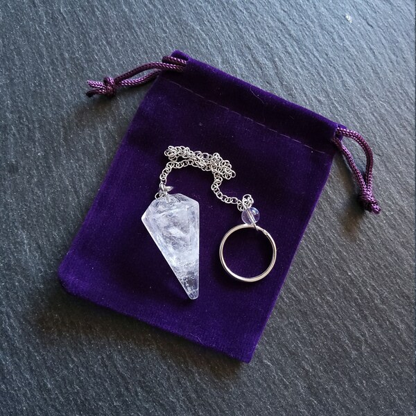 Dowsing Pendulum Natural Quartz Faceted Cone with Velvet Pouch