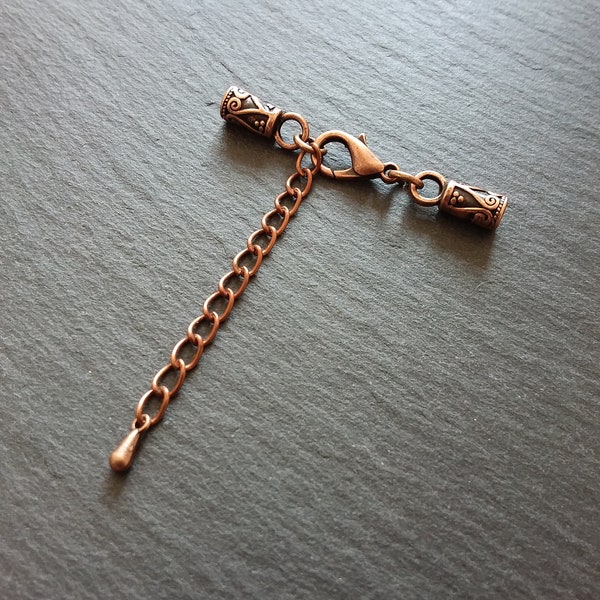 5 or 25 Antique Copper Patterned End Cap Sets for 3mm Cord Necklaces with Extender Chain (3.5mm end caps)