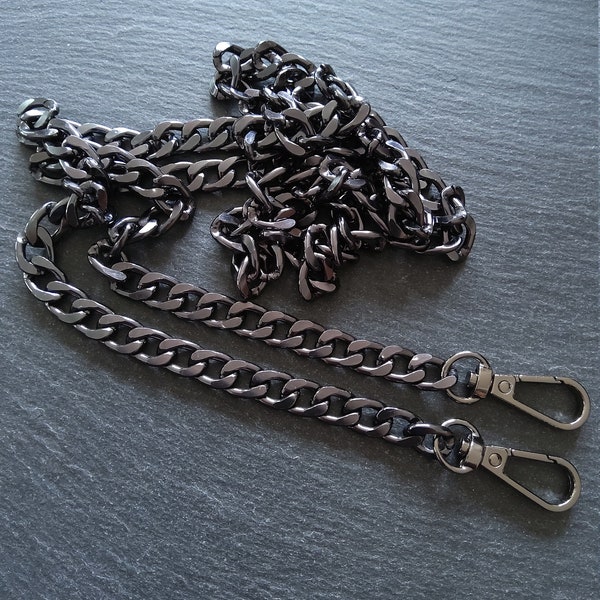 Gunmetal Tone Aluminium Chain Bag Strap with Clasps Lightweight & Strong. 47 inches (120cm) Long. 7mm Wide