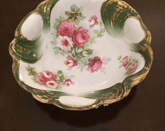LARGE German C S Green Marked Bowl in Floral Rose Design with Gold Brush Applied