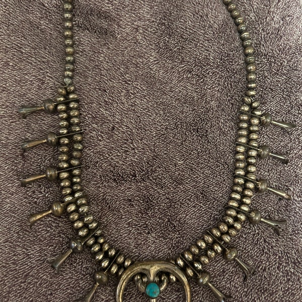 Vintage Native American sterling silver and turquoise Squash Blossom Necklace