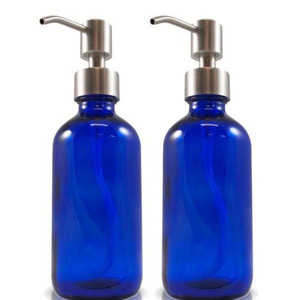 Pack of 2, Cobalt blue, Glass bottles, 8oz, 8 ounces, Stainless steel pump, Soap bottle, Lotion bottle, Dispenser, UV protection, Reusable