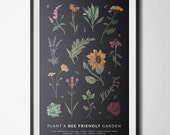 Plant A Bee Friendly Garden - Digital Gouache Botanical Floral Poster Print