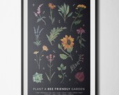 Plant A Bee Friendly Garden - Digital Gouache Botanical Floral Poster Print