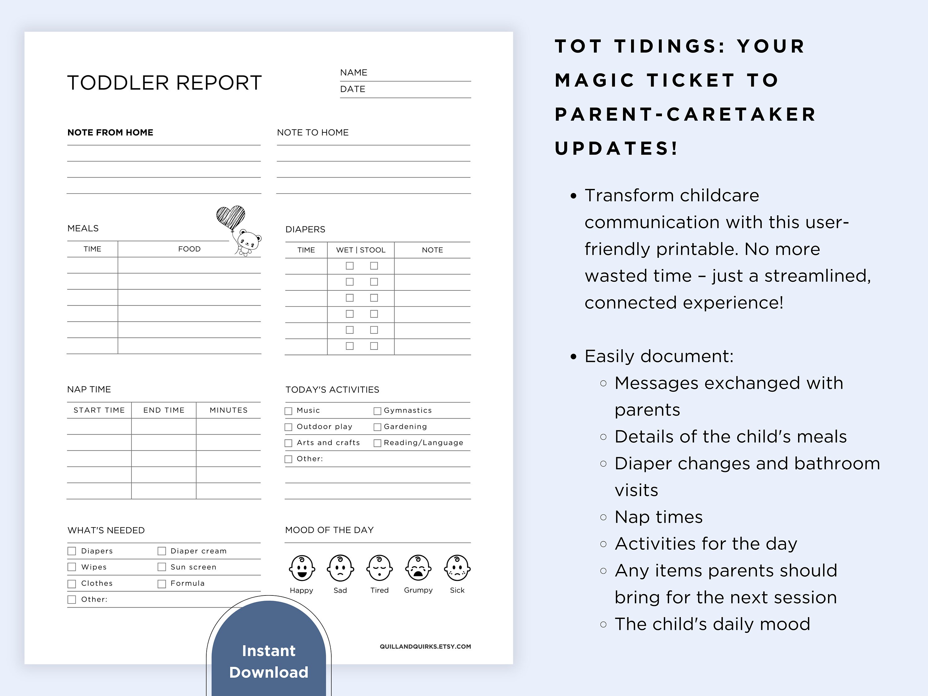 Printable Nanny Log, Toddler Schedule Template, Printable Caregiver Daily Log, Daycare Daily ...