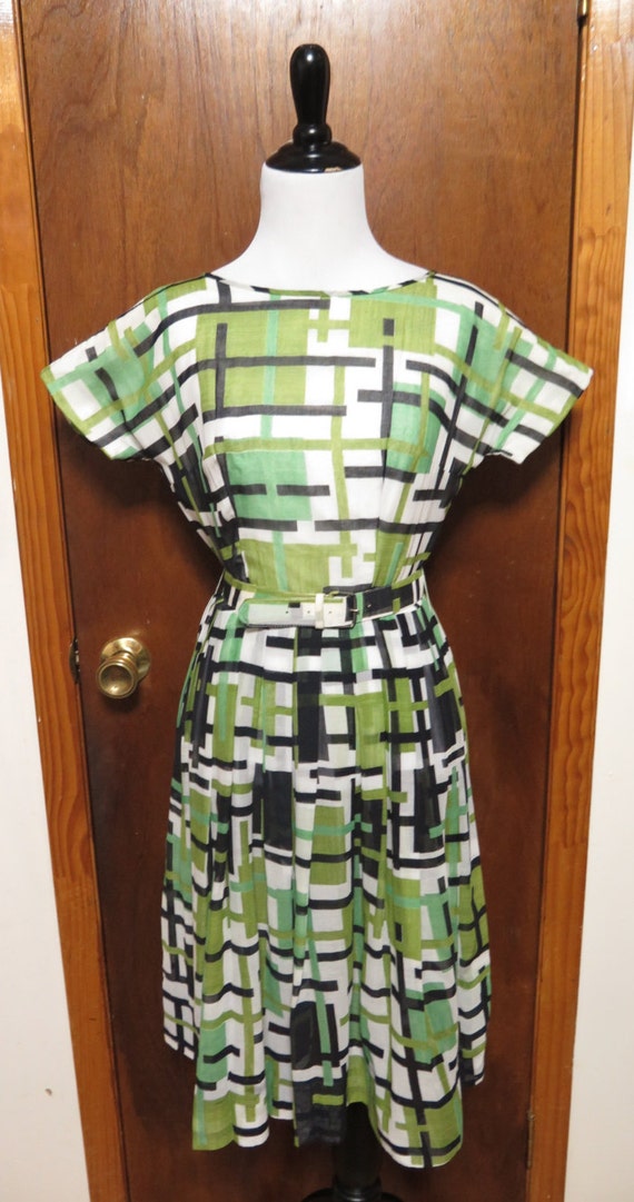 Vintage 1960's belted Mondrian Green Black White G