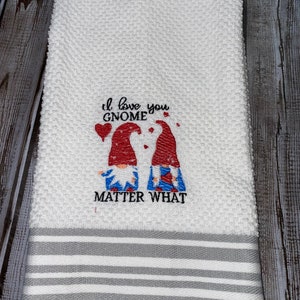 Valentine&#39;s Day Theme Embroidered Striped Kitchen Hand Towel I love you  GNOME Matter What BS2959