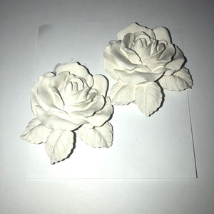 Ready to Paint Plaster Craft Chalkware 2 pieces    2 Raised Roses  LARGE  Flowers with Leaves P0182